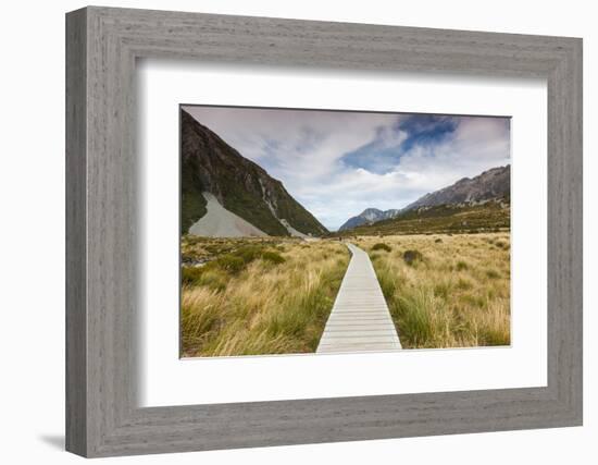 Boardwalk on landscape, Hooker Valley Track, Aoraki/Mount Cook National Park, Canterbury, South...-null-Framed Photographic Print