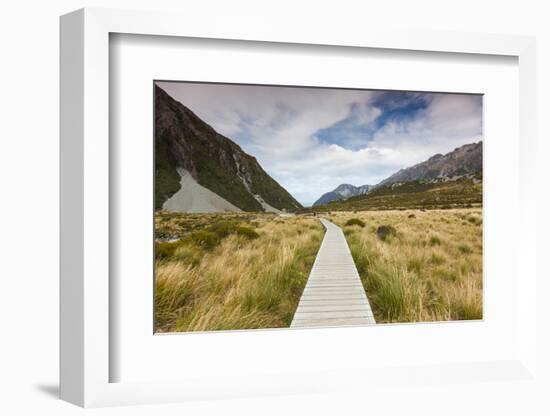 Boardwalk on landscape, Hooker Valley Track, Aoraki/Mount Cook National Park, Canterbury, South...-null-Framed Photographic Print