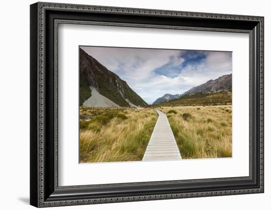 Boardwalk on landscape, Hooker Valley Track, Aoraki/Mount Cook National Park, Canterbury, South...-null-Framed Photographic Print