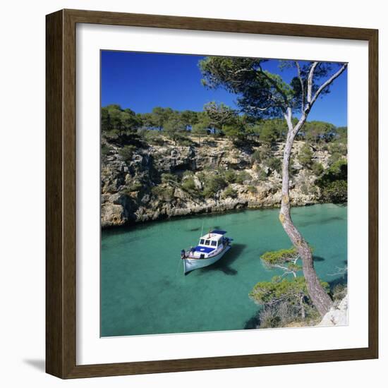 Boat Anchored in Rocky Inlet, Cala Pi, Mallorca, Balearic Islands, Spain, Mediterranean-Stuart Black-Framed Photographic Print
