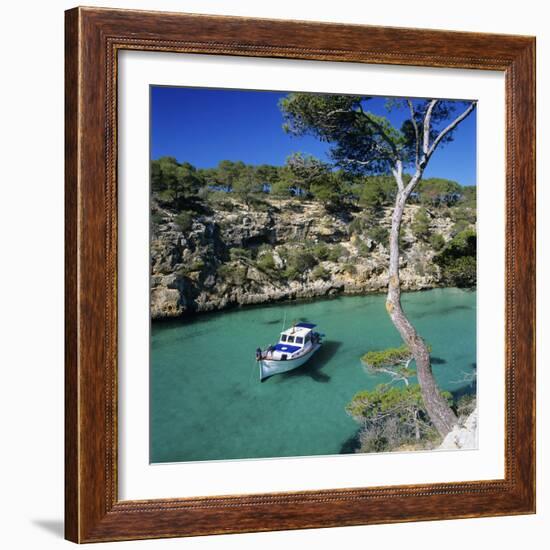 Boat Anchored in Rocky Inlet, Cala Pi, Mallorca, Balearic Islands, Spain, Mediterranean-Stuart Black-Framed Photographic Print