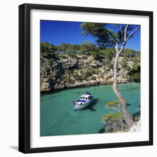 Boat Anchored in Rocky Inlet, Cala Pi, Mallorca, Balearic Islands, Spain, Mediterranean-Stuart Black-Framed Photographic Print