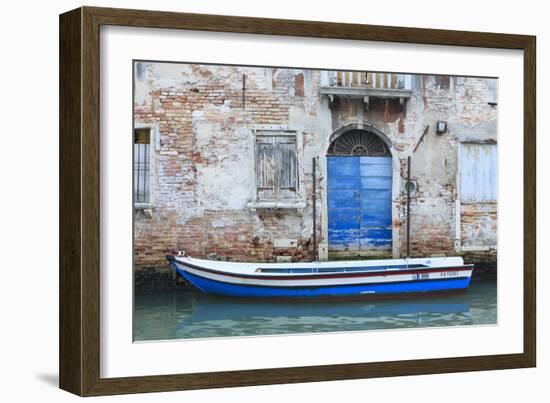 Boat And Blue Door. Venice. Venezia Province. Veneto. Italy-Oscar Dominguez-Framed Photographic Print