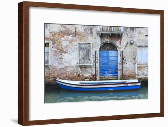 Boat And Blue Door. Venice. Venezia Province. Veneto. Italy-Oscar Dominguez-Framed Photographic Print