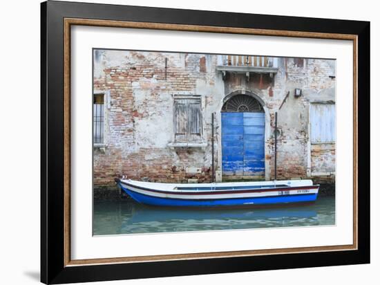 Boat And Blue Door. Venice. Venezia Province. Veneto. Italy-Oscar Dominguez-Framed Photographic Print