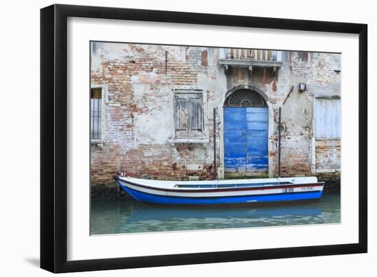 Boat And Blue Door. Venice. Venezia Province. Veneto. Italy-Oscar Dominguez-Framed Photographic Print