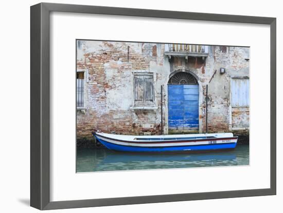 Boat And Blue Door. Venice. Venezia Province. Veneto. Italy-Oscar Dominguez-Framed Photographic Print