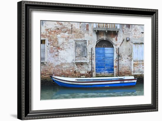 Boat And Blue Door. Venice. Venezia Province. Veneto. Italy-Oscar Dominguez-Framed Photographic Print