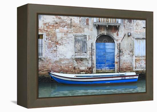 Boat And Blue Door. Venice. Venezia Province. Veneto. Italy-Oscar Dominguez-Framed Premier Image Canvas