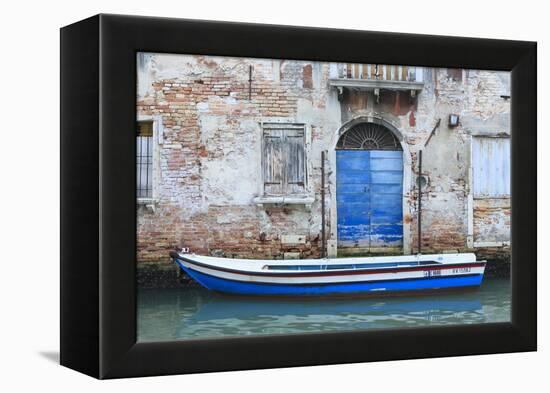 Boat And Blue Door. Venice. Venezia Province. Veneto. Italy-Oscar Dominguez-Framed Premier Image Canvas