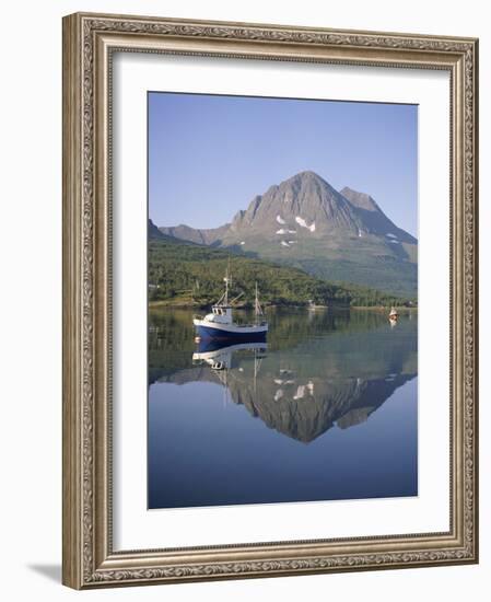 Boat and Mountains Reflected in Tranquil Water, Near Tromso, North Norway, Norway-David Lomax-Framed Photographic Print