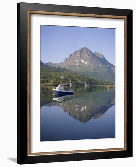 Boat and Mountains Reflected in Tranquil Water, Near Tromso, North Norway, Norway-David Lomax-Framed Photographic Print