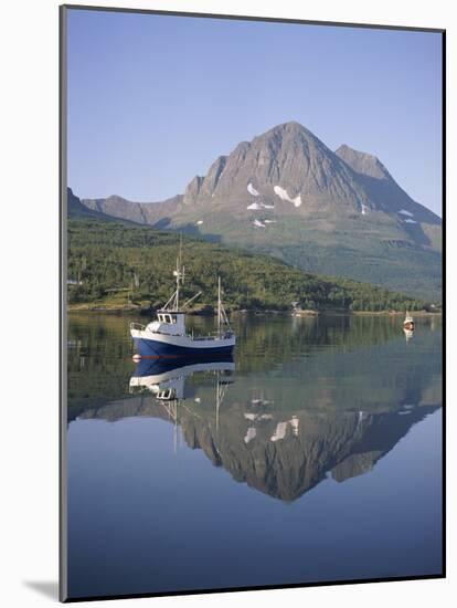 Boat and Mountains Reflected in Tranquil Water, Near Tromso, North Norway, Norway-David Lomax-Mounted Photographic Print