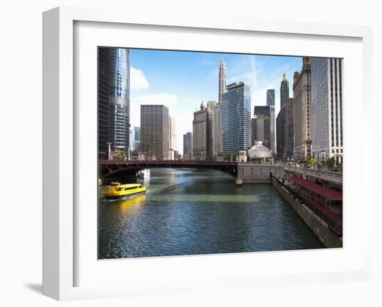 Boat and River, Chicago River, Chicago, Illinois, Usa-Alan Klehr-Framed Photographic Print