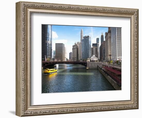 Boat and River, Chicago River, Chicago, Illinois, Usa-Alan Klehr-Framed Photographic Print