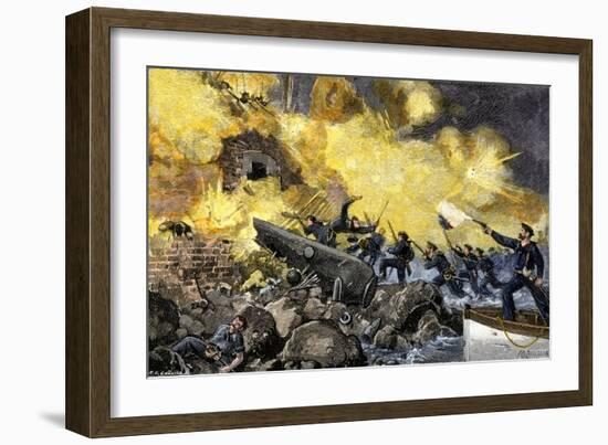 Boat Attack by Federal Forces Retaking Fort Sumter in Charleston Harbor, c.1863-null-Framed Giclee Print