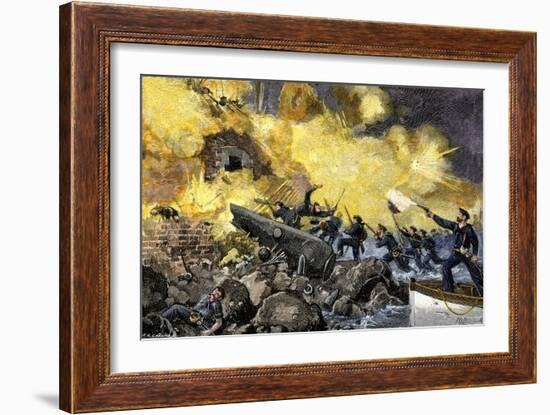 Boat Attack by Federal Forces Retaking Fort Sumter in Charleston Harbor, c.1863-null-Framed Giclee Print