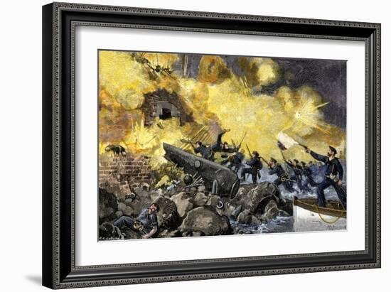 Boat Attack by Federal Forces Retaking Fort Sumter in Charleston Harbor, c.1863-null-Framed Giclee Print