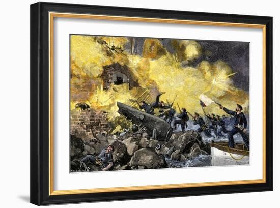 Boat Attack by Federal Forces Retaking Fort Sumter in Charleston Harbor, c.1863-null-Framed Giclee Print