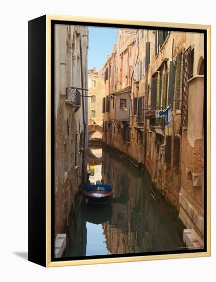 Boat Docked on a Side canal, Venice, Italy-Janis Miglavs-Framed Premier Image Canvas