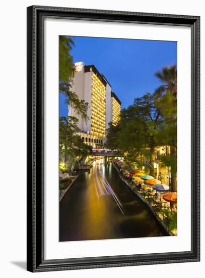 Boat Goes by on the Riverwalk in Downtown San Antonio, Texas, Usa-Chuck Haney-Framed Photographic Print