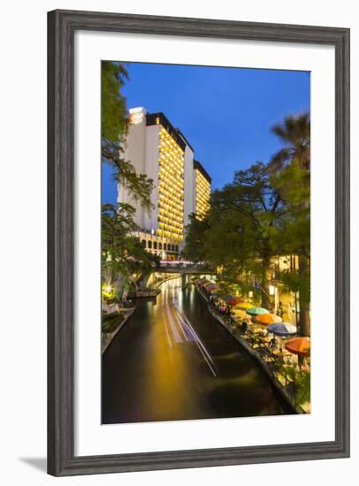 Boat Goes by on the Riverwalk in Downtown San Antonio, Texas, Usa-Chuck Haney-Framed Photographic Print