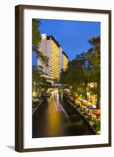 Boat Goes by on the Riverwalk in Downtown San Antonio, Texas, Usa-Chuck Haney-Framed Photographic Print