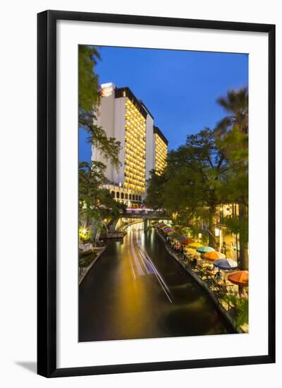 Boat Goes by on the Riverwalk in Downtown San Antonio, Texas, Usa-Chuck Haney-Framed Photographic Print