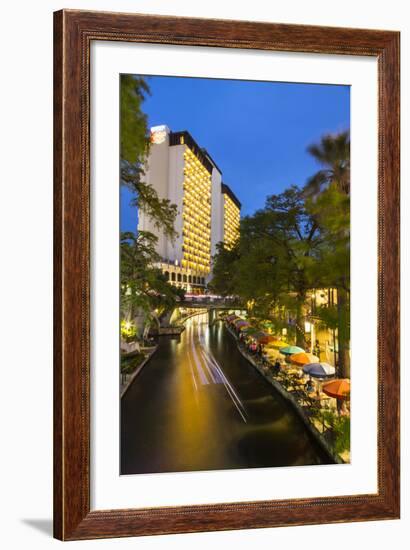 Boat Goes by on the Riverwalk in Downtown San Antonio, Texas, Usa-Chuck Haney-Framed Photographic Print