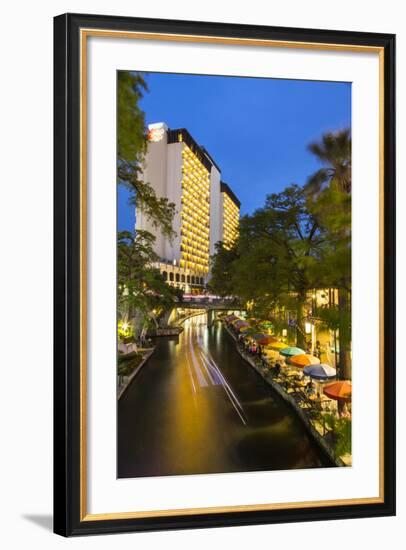 Boat Goes by on the Riverwalk in Downtown San Antonio, Texas, Usa-Chuck Haney-Framed Photographic Print