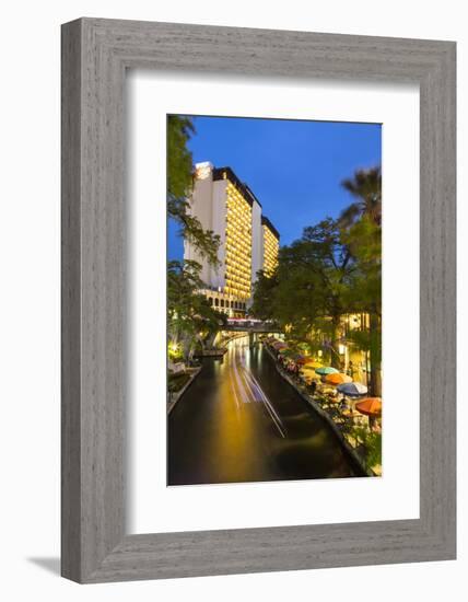 Boat Goes by on the Riverwalk in Downtown San Antonio, Texas, Usa-Chuck Haney-Framed Photographic Print