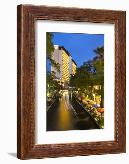 Boat Goes by on the Riverwalk in Downtown San Antonio, Texas, Usa-Chuck Haney-Framed Photographic Print