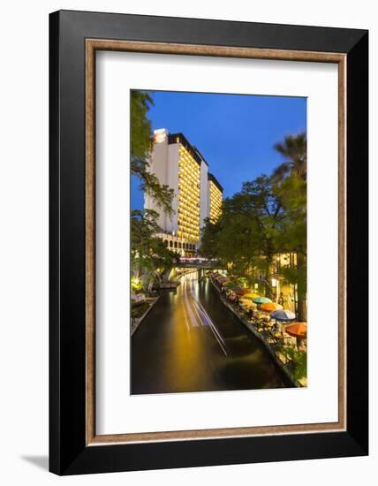 Boat Goes by on the Riverwalk in Downtown San Antonio, Texas, Usa-Chuck Haney-Framed Photographic Print