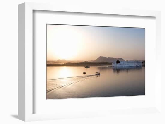 Boat Going Out to Lake Palace Hotel at Dusk, India-Martin Child-Framed Photographic Print