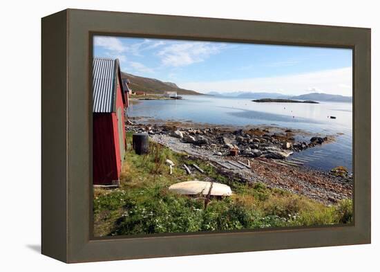 Boat House and Slip. Helgoy, Kvalsund, North Norway, Norway, Scandinavia, Europe-David Lomax-Framed Premier Image Canvas