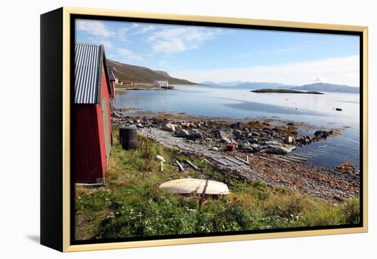 Boat House and Slip. Helgoy, Kvalsund, North Norway, Norway, Scandinavia, Europe-David Lomax-Framed Premier Image Canvas