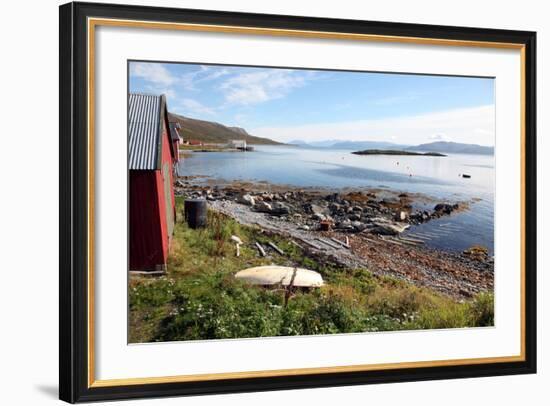 Boat House and Slip. Helgoy, Kvalsund, North Norway, Norway, Scandinavia, Europe-David Lomax-Framed Photographic Print