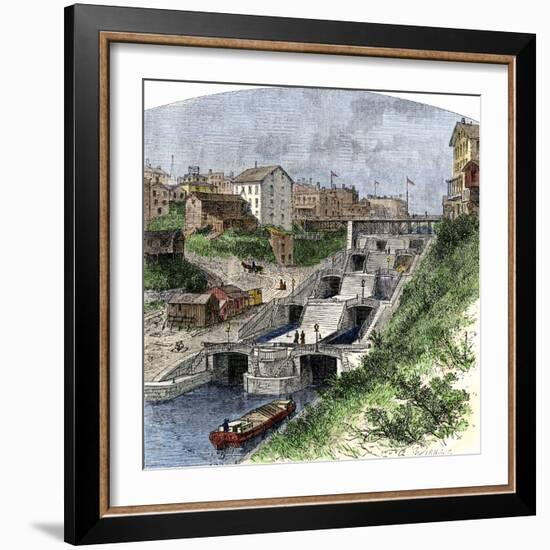 Boat in the Erie Canal Locks at Lockport, New York, 1870s-null-Framed Giclee Print