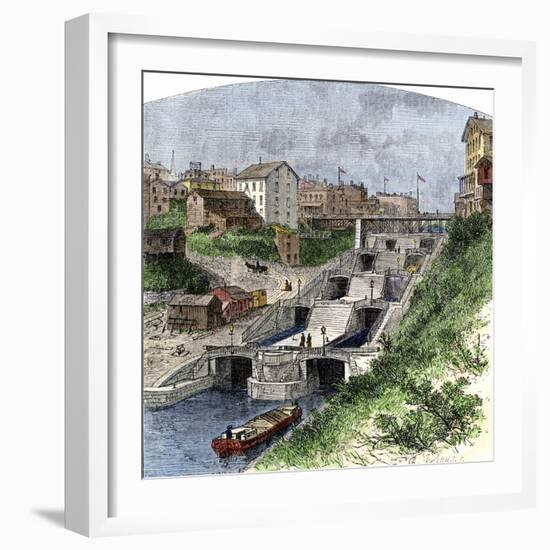 Boat in the Erie Canal Locks at Lockport, New York, 1870s-null-Framed Giclee Print