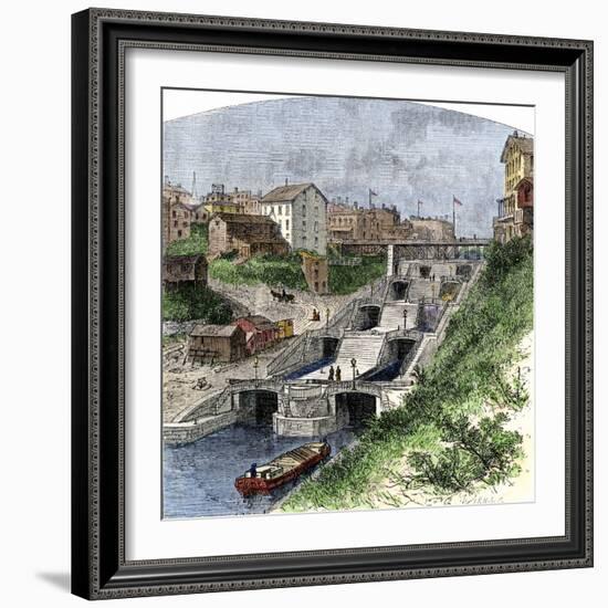 Boat in the Erie Canal Locks at Lockport, New York, 1870s-null-Framed Giclee Print