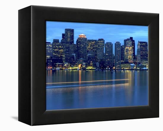 Boat Leaves Light Trail on Boston Harbor at Sunset, Boston, Massachusetts, USA-Nancy & Steve Ross-Framed Premier Image Canvas