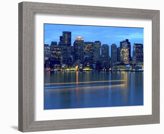 Boat Leaves Light Trail on Boston Harbor at Sunset, Boston, Massachusetts, USA-Nancy & Steve Ross-Framed Photographic Print