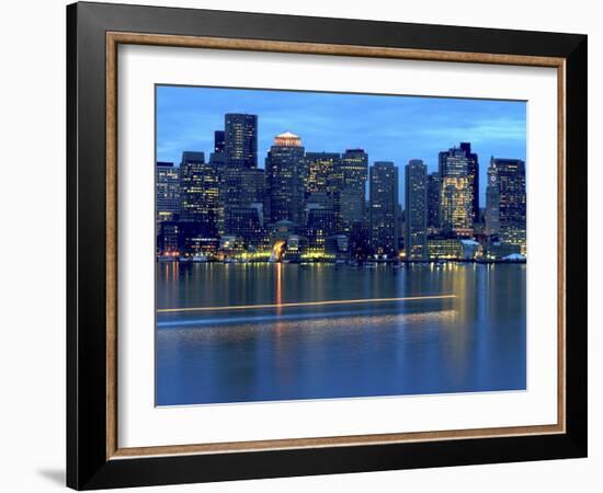 Boat Leaves Light Trail on Boston Harbor at Sunset, Boston, Massachusetts, USA-Nancy & Steve Ross-Framed Photographic Print