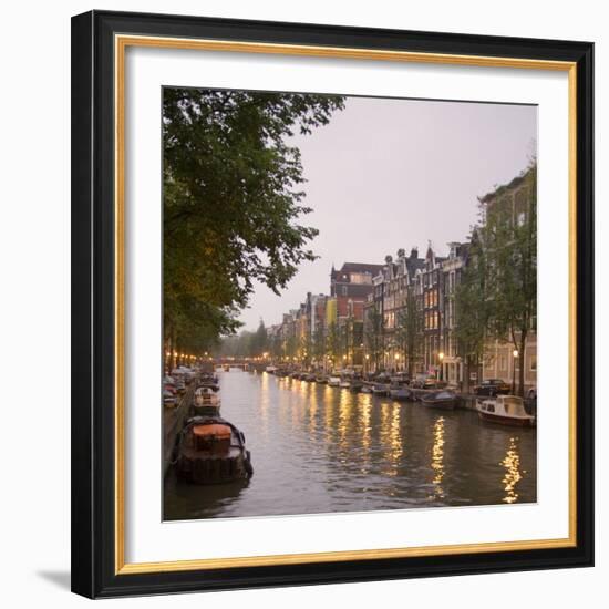 Boat Lined Canal at Dusk, Amsterdam, Netherlands-Marilyn Parver-Framed Photographic Print