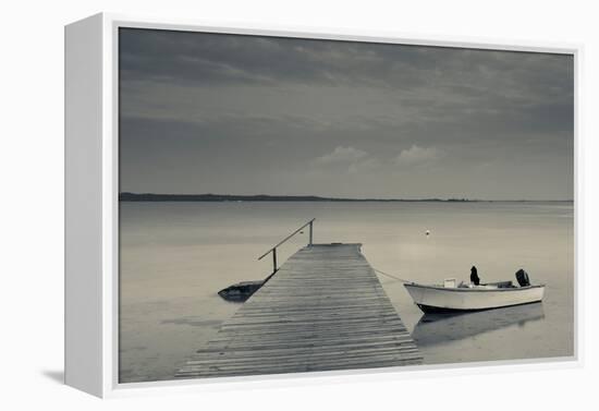 Boat moored at dock, Dunmore Town, Harbour Island, Eleuthera Island, Bahamas-null-Framed Premier Image Canvas