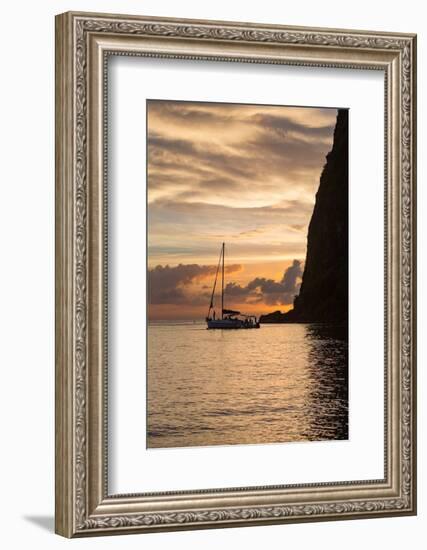 Boat moored at the base of Petit Piton near Sugar Beach at dusk, St. Lucia, Windward Islands, West-Martin Child-Framed Photographic Print