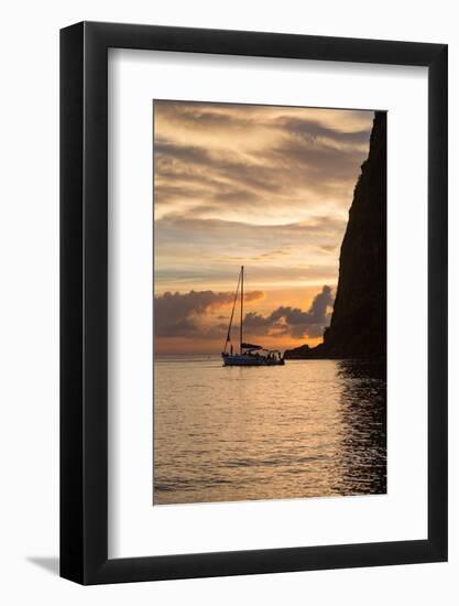 Boat moored at the base of Petit Piton near Sugar Beach at dusk, St. Lucia, Windward Islands, West-Martin Child-Framed Photographic Print