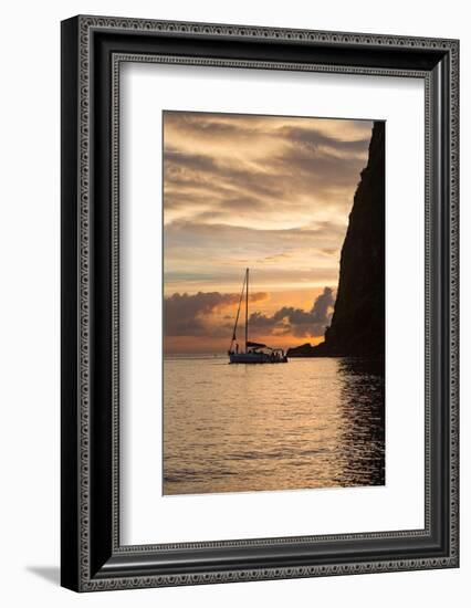 Boat moored at the base of Petit Piton near Sugar Beach at dusk, St. Lucia, Windward Islands, West-Martin Child-Framed Photographic Print