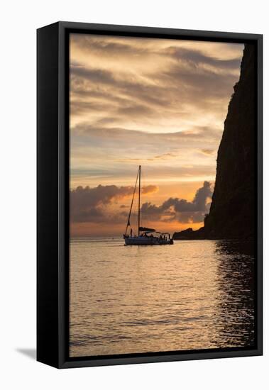 Boat moored at the base of Petit Piton near Sugar Beach at dusk, St. Lucia, Windward Islands, West-Martin Child-Framed Premier Image Canvas