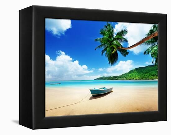 Boat on Beach Mahe Island, Seychelles-Iakov Kalinin-Framed Premier Image Canvas